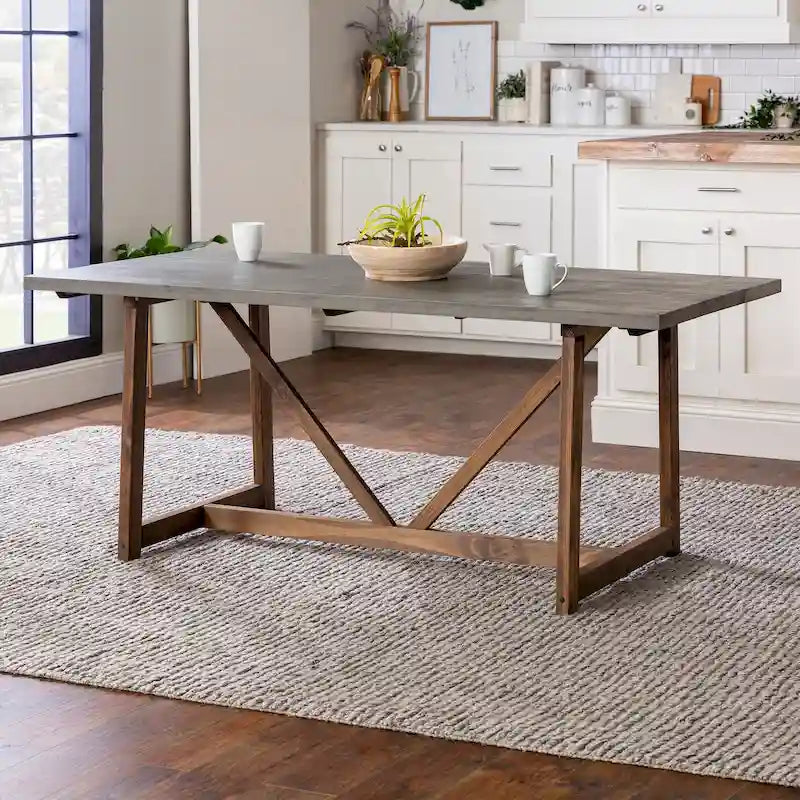 72" Solid Pine Farmhouse Trestle Dining Table – Grey/Brown or Rustic Oak/White Wash, Seats 6