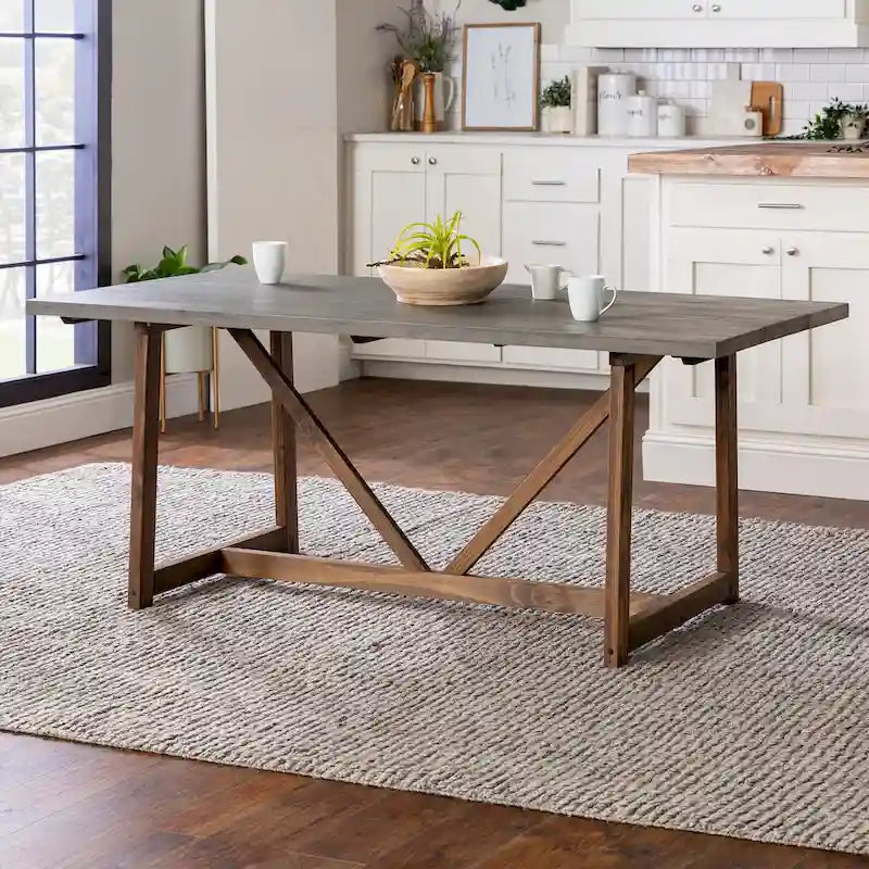 72" Solid Pine Farmhouse Trestle Dining Table – Grey/Brown or Rustic Oak/White Wash, Seats 6
