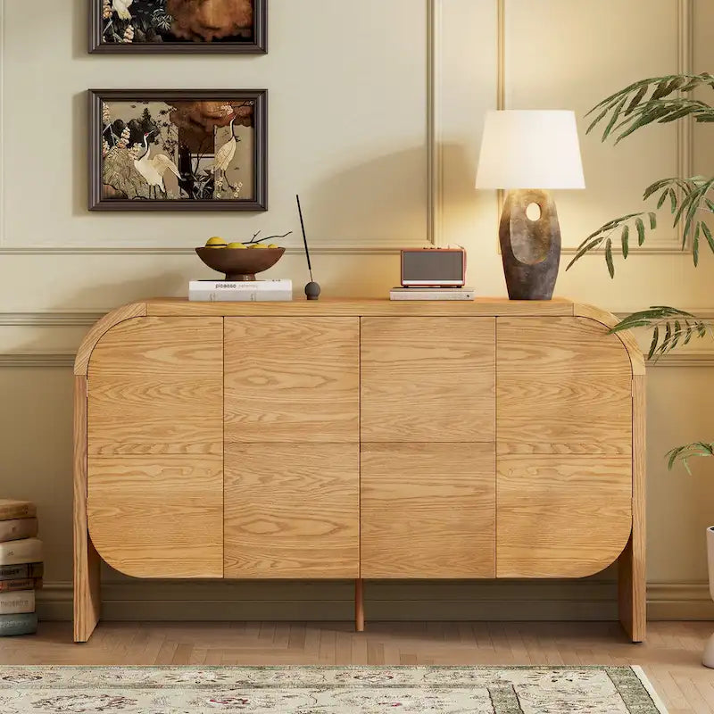 Wooden Sideboard Buffet Cabinet with Curvy Edge & Adjustable Shelves