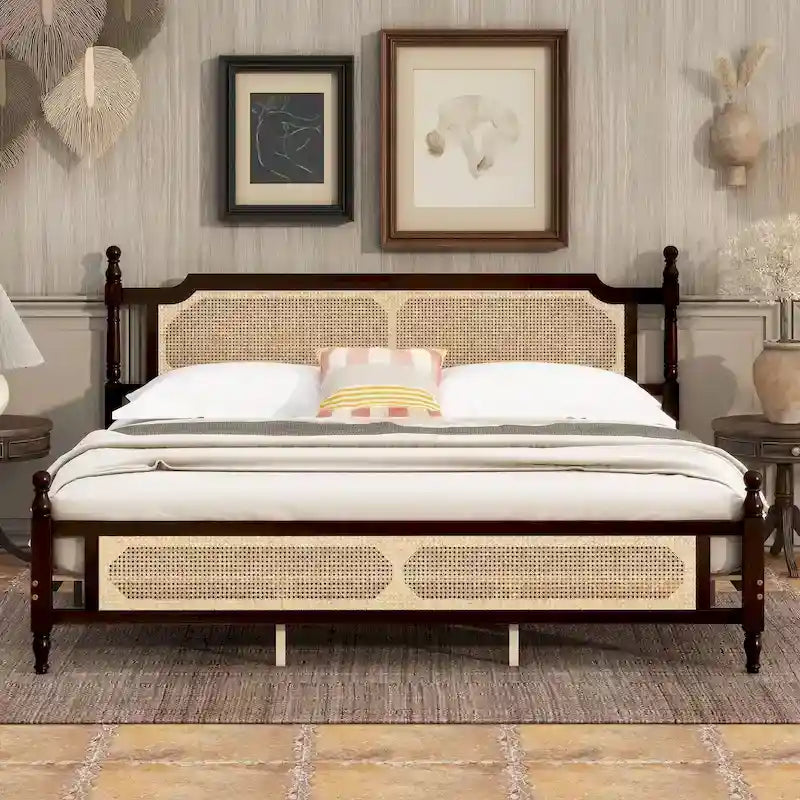 King Platform Bed with Rattan Headboard & Footboard, Under-Bed Storage – Espresso, Vintage Style
