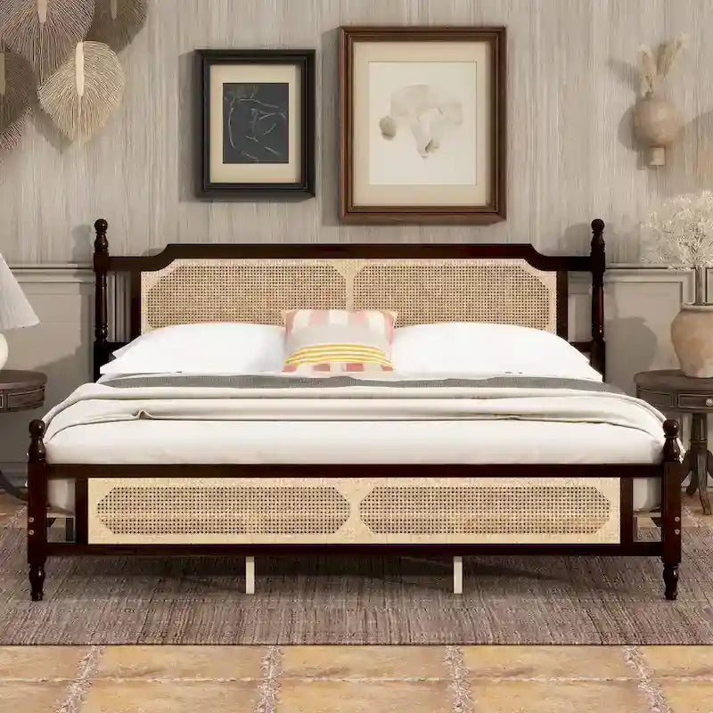 King Platform Bed with Rattan Headboard & Under-Bed Storage