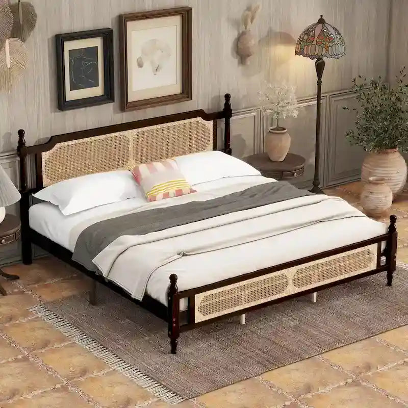 King Platform Bed with Rattan Headboard & Footboard, Under-Bed Storage – Espresso, Vintage Style