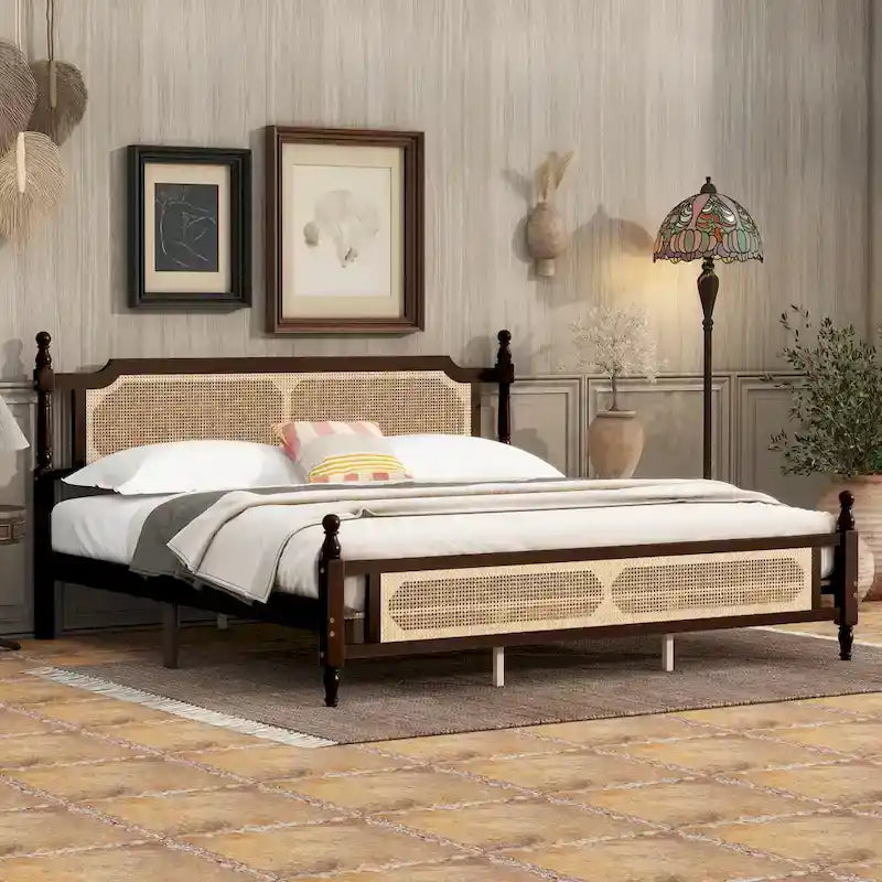 King Platform Bed with Rattan Headboard & Footboard, Under-Bed Storage – Espresso, Vintage Style