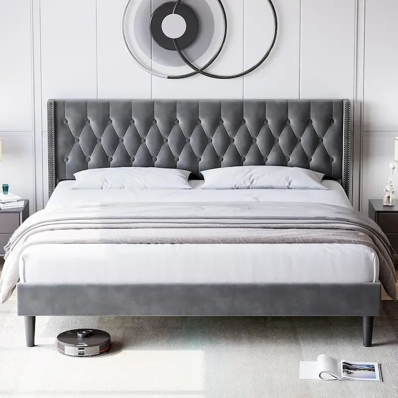 Velvet Wingback Platform Bed Frame with Diamond Tufted Headboard – Grey, Modern Style