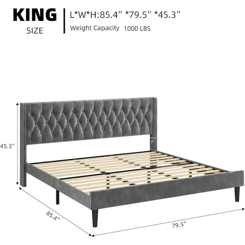 Velvet Wingback Platform Bed Frame with Diamond Tufted Headboard – Grey, Modern Style