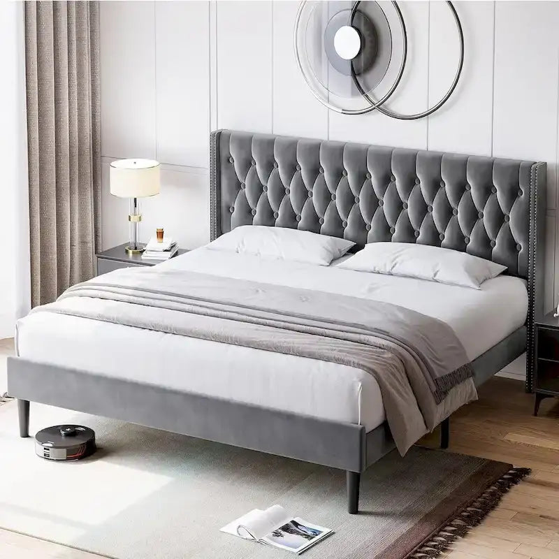 Velvet Wingback Platform Bed Frame with Diamond Tufted Headboard – Grey, Modern Style