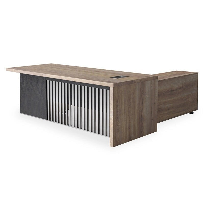 63" L-Shaped Executive Desk with File Drawers, Cabinets & Lockable Casters – Mahogany, Industrial Style