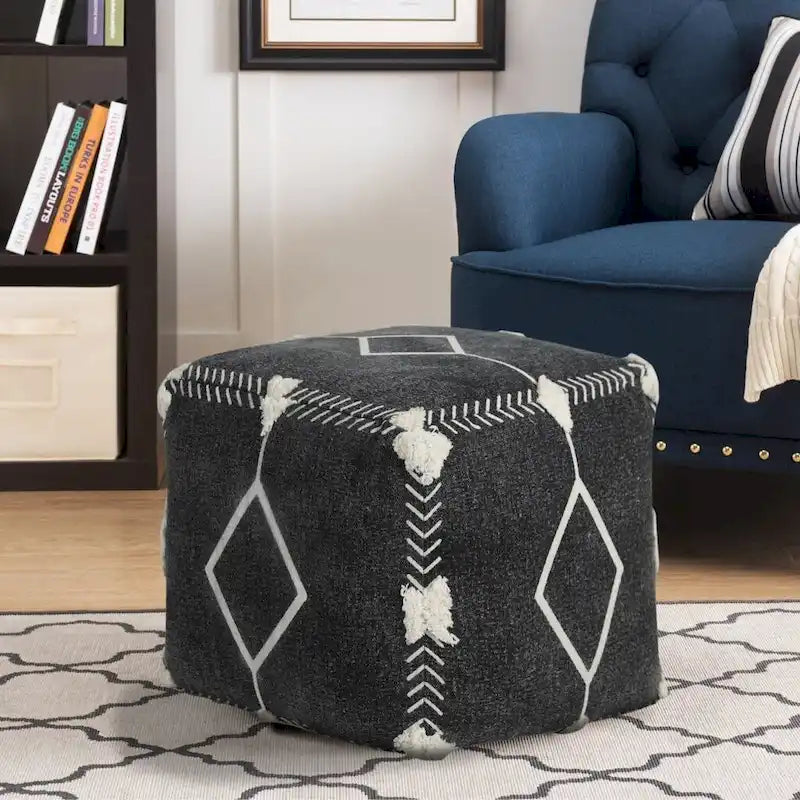 Cotton Geometric Pouf Ottoman – Black, Modern Style, Seats 1