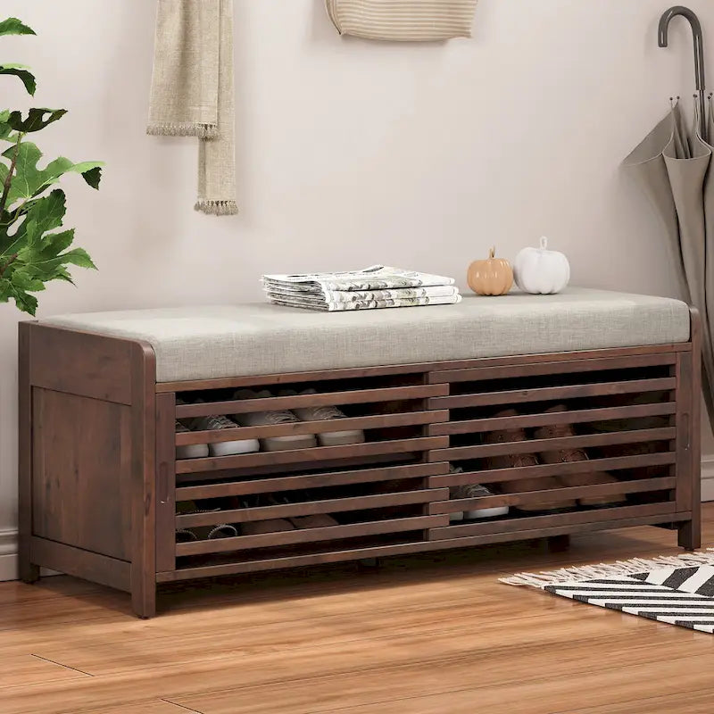 Shutter-Style Storage Bench with Cushion & Sliding Door – Navy / Espresso / Grey / White Washed / White, Classic Style