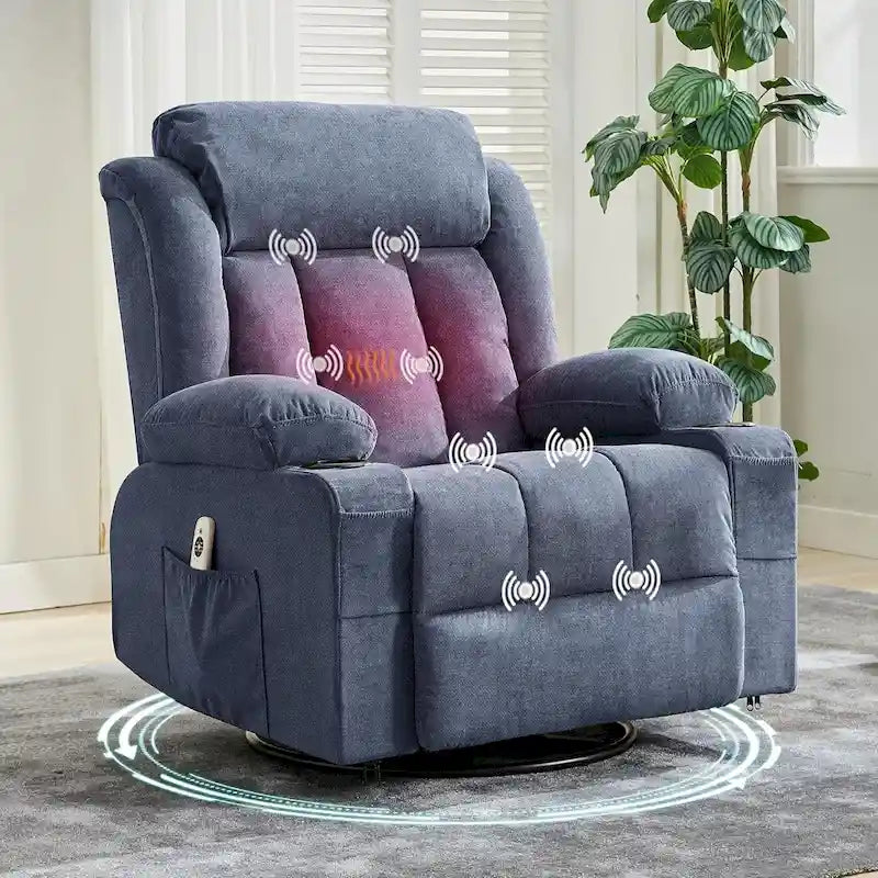 Rocking Recliner Chair with Massage, Heat & Cup Holder – Grey / Blue / Brown, Modern Style