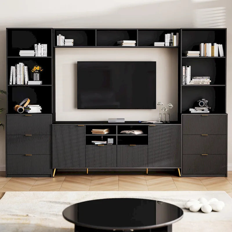4-Piece Entertainment Wall Unit with TV Stand, Bookshelf & Storage Cabinets – Black, Modern Style, for TVs up to 70"