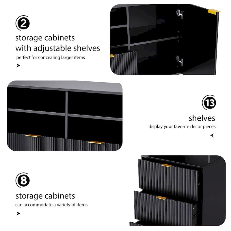 4-Piece Entertainment Wall Unit with TV Stand, Bookshelf & Storage Cabinets – Black, Modern Style, for TVs up to 70"