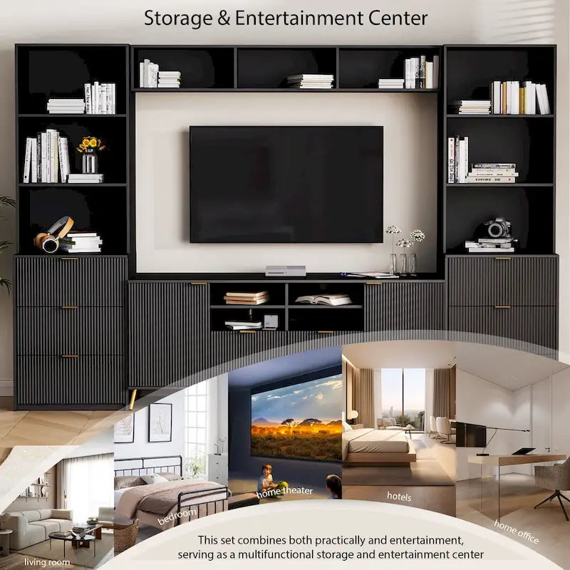 4-Piece Entertainment Wall Unit with TV Stand, Bookshelf & Storage Cabinets – Black, Modern Style, for TVs up to 70"