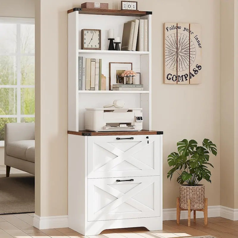 2-Drawer Locking File Cabinet with Adjustable Shelf & Anti-Tip Kit – Brown / White, Farmhouse Style