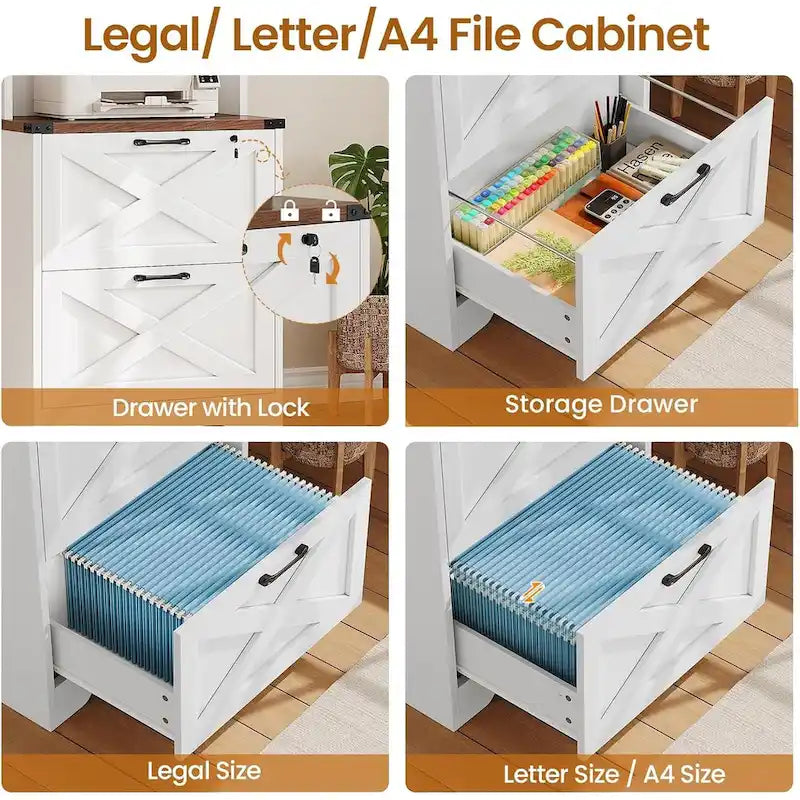 2-Drawer Locking File Cabinet with Adjustable Shelf & Anti-Tip Kit – Brown / White, Farmhouse Style