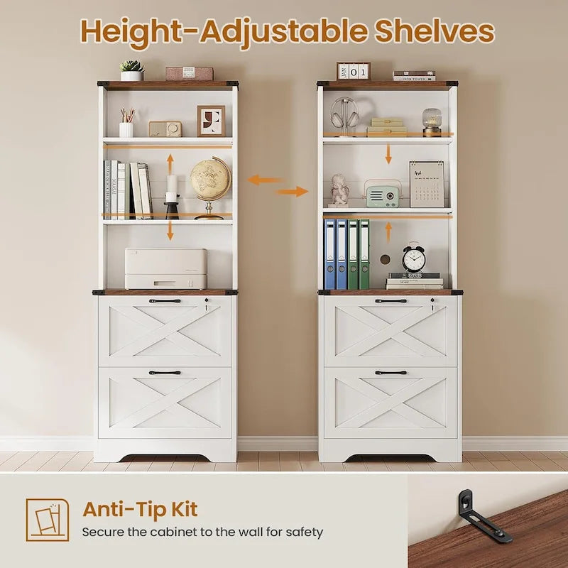 2-Drawer Locking File Cabinet with Adjustable Shelf & Anti-Tip Kit – Brown / White, Farmhouse Style