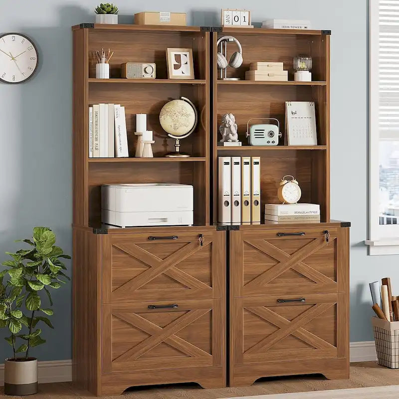 2-Drawer Locking File Cabinet with Adjustable Shelf & Anti-Tip Kit – Brown / White, Farmhouse Style