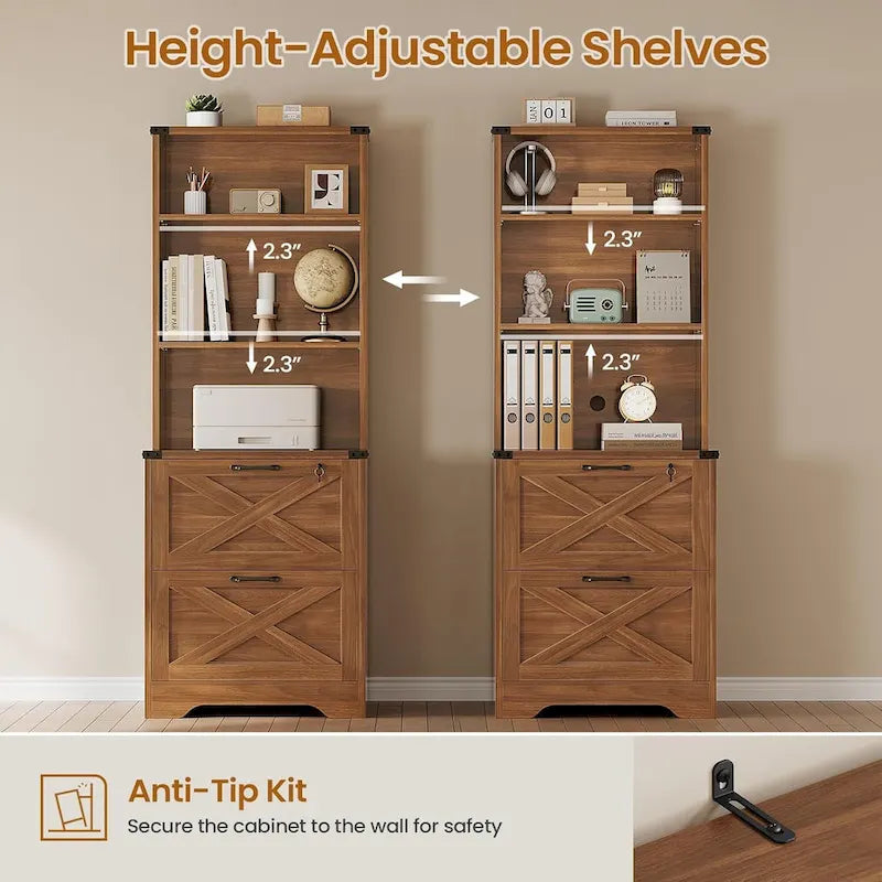 2-Drawer Locking File Cabinet with Adjustable Shelf & Anti-Tip Kit – Brown / White, Farmhouse Style