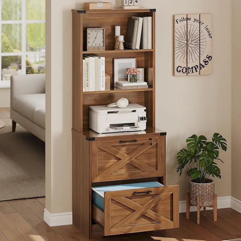 2-Drawer Locking File Cabinet with Adjustable Shelf & Anti-Tip Kit – Brown / White, Farmhouse Style