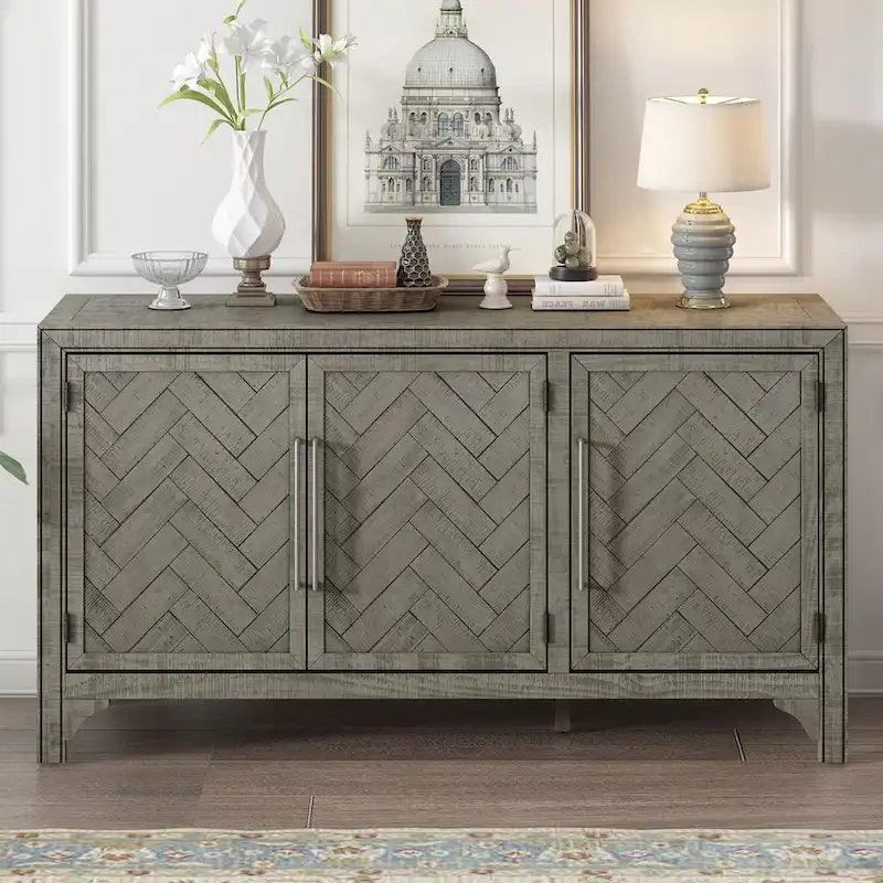 3-Door Sideboard with Adjustable Shelves – Gray / Navy Blue, Traditional Style