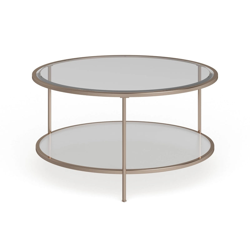 2-Tier Round Glass Coffee Table with Tripod Legs – Metallic Gold, Contemporary Style