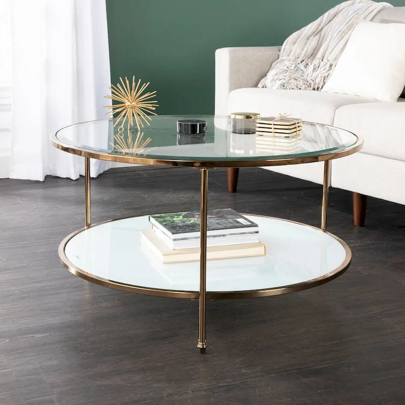 2-Tier Round Glass Coffee Table with Tripod Legs – Metallic Gold, Contemporary Style