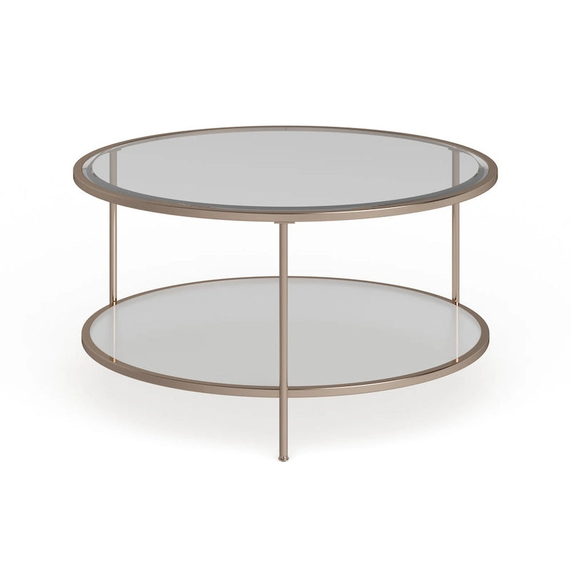 2-Tier Round Glass Coffee Table with Tripod Legs – Metallic Gold, Contemporary Style