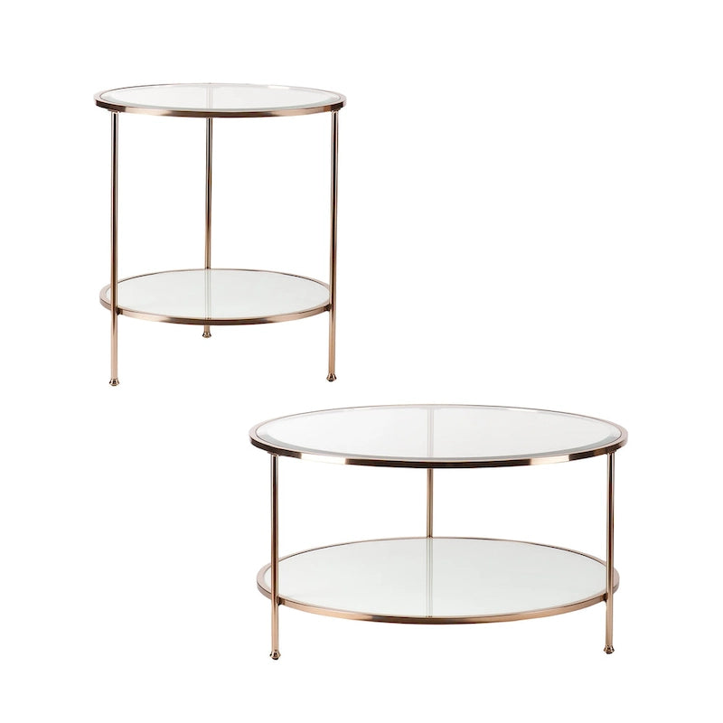 2-Tier Round Glass Coffee Table with Tripod Legs – Metallic Gold, Contemporary Style