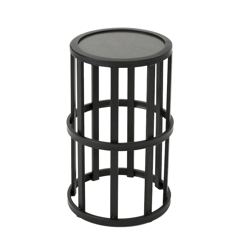 Round Ceramic Tile Top Side Table with Iron Pedestal Base – Grey / Black, Industrial Style