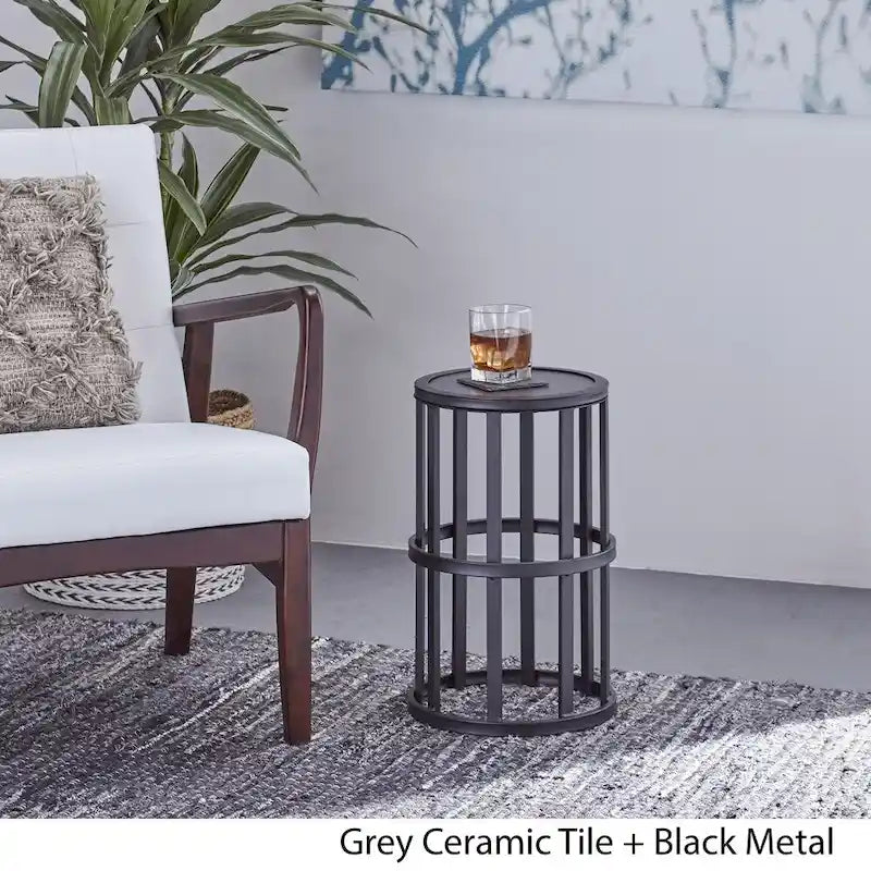 Round Ceramic Tile Top Side Table with Iron Pedestal Base – Grey / Black, Industrial Style