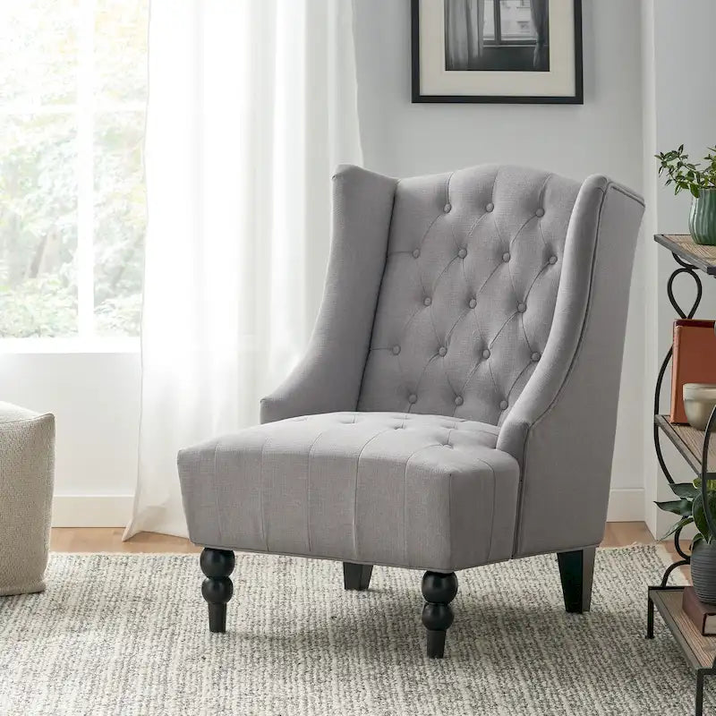 Tufted High-Back Wingback Club Chair – Silver / Beige / Charcoal / Blue / Teal, Mid-Century Style, Seats 1