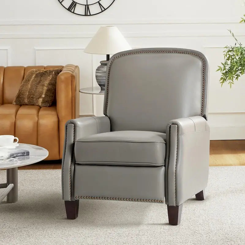 Genuine Leather Pushback Recliner with Nailhead Trim – Multi-Color, Modern Retro Style
