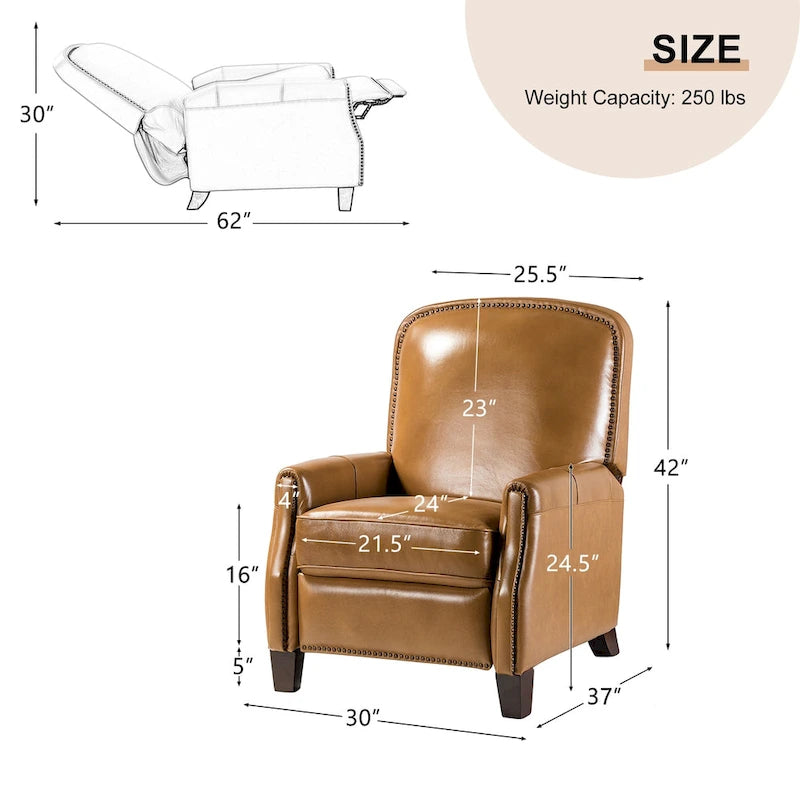 Genuine Leather Pushback Recliner with Nailhead Trim – Multi-Color, Modern Retro Style
