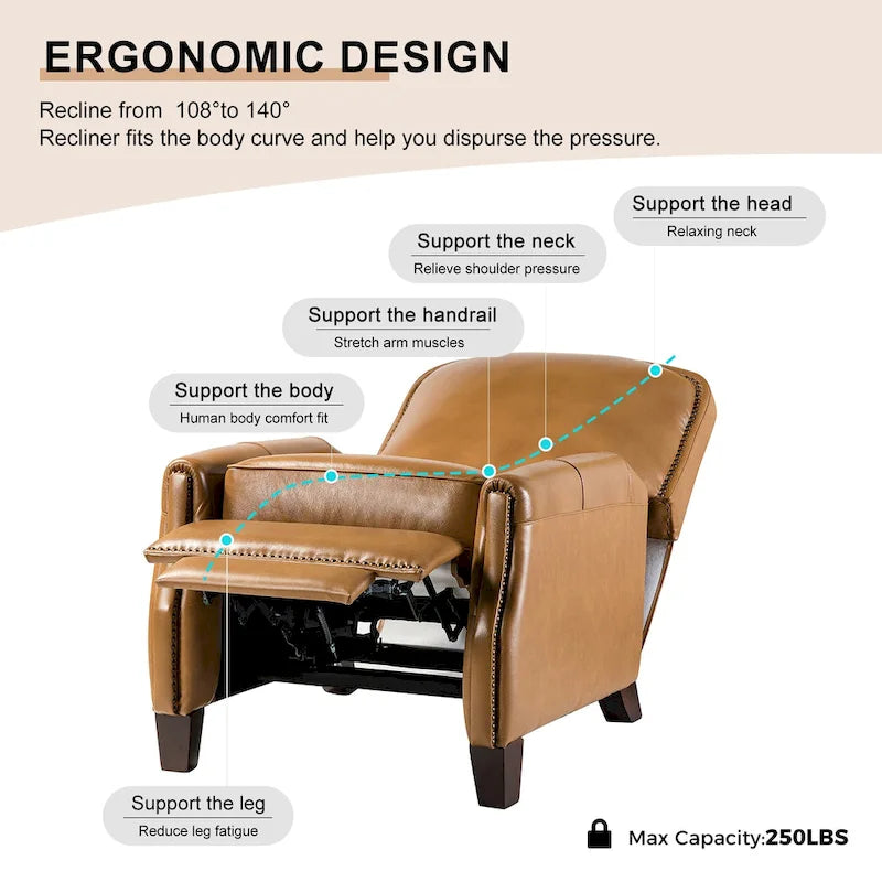 Genuine Leather Pushback Recliner with Nailhead Trim – Multi-Color, Modern Retro Style