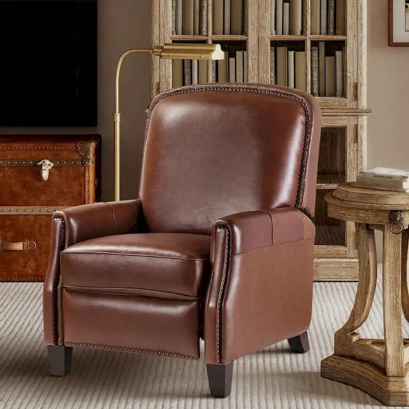 Genuine Leather Pushback Recliner with Nailhead Trim – Multi-Color, Modern Retro Style