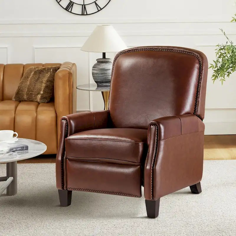 Genuine Leather Pushback Recliner with Nailhead Trim – Multi-Color, Modern Retro Style
