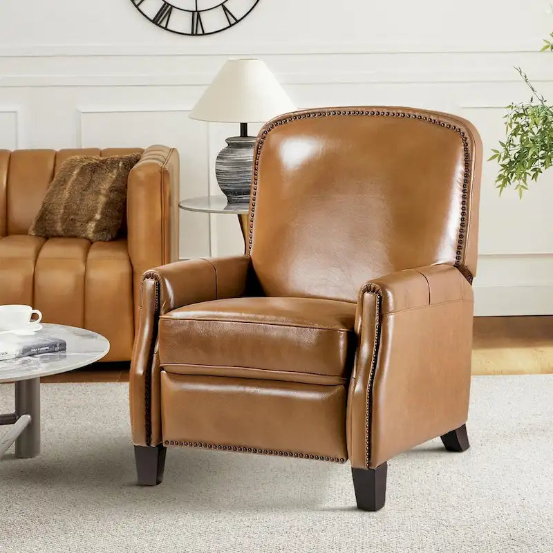 Genuine Leather Pushback Recliner with Nailhead Trim – Multi-Color, Modern Retro Style