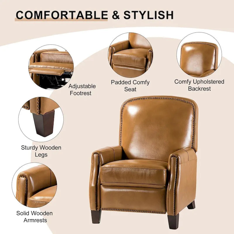 Genuine Leather Pushback Recliner with Nailhead Trim – Multi-Color, Modern Retro Style