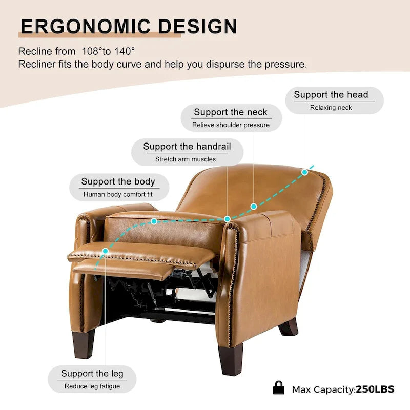 Genuine Leather Pushback Recliner with Nailhead Trim – Multi-Color, Modern Retro Style