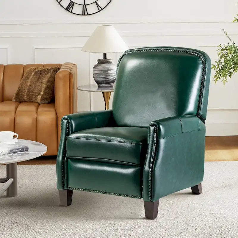 Genuine Leather Pushback Recliner with Nailhead Trim – Multi-Color, Modern Retro Style