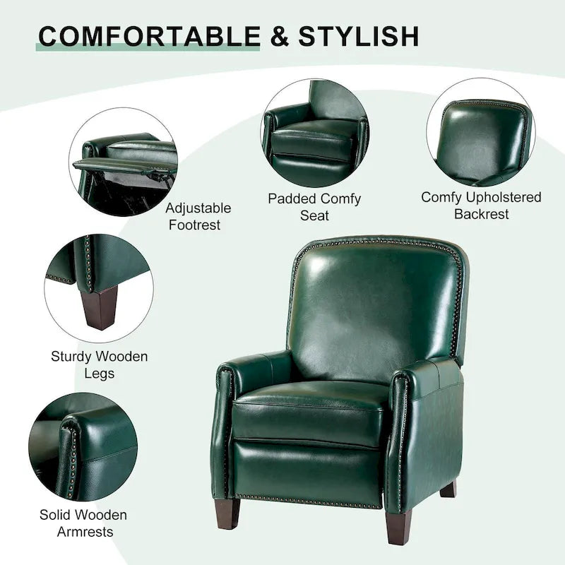 Genuine Leather Pushback Recliner with Nailhead Trim – Multi-Color, Modern Retro Style