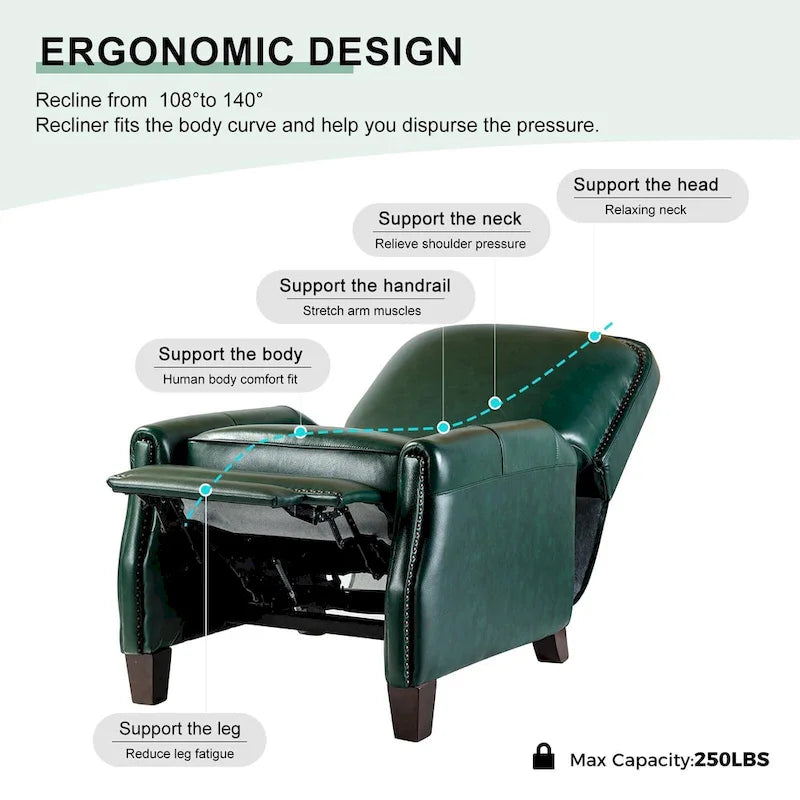 Genuine Leather Pushback Recliner with Nailhead Trim – Multi-Color, Modern Retro Style