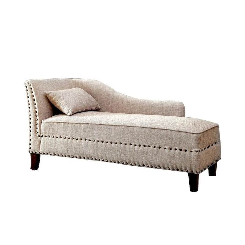 Upholstered Chaise Lounge with Nailhead Trim – Beige / Grey, Classic Style