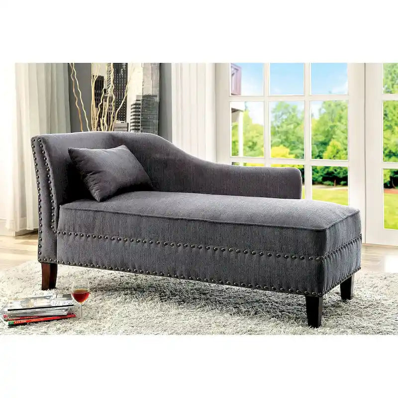 Upholstered Chaise Lounge with Nailhead Trim – Beige / Grey, Classic Style