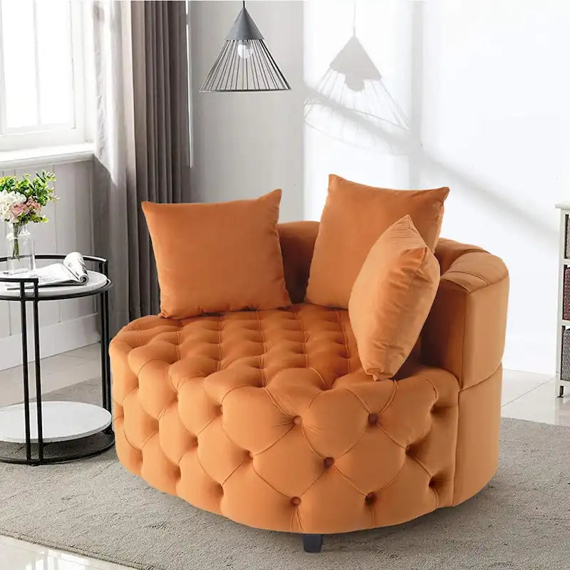 Velvet Tufted Barrel Accent Chair with 2 Pillows – Navy / Ivory / Grey / Orange / Pink / Black, Modern Style, Seats 1