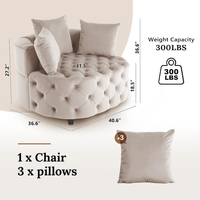 Velvet Tufted Barrel Accent Chair with 2 Pillows – Navy / Ivory / Grey / Orange / Pink / Black, Modern Style, Seats 1