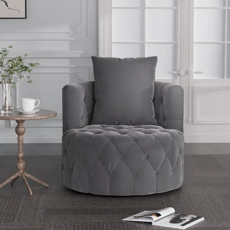 360 Degree Swivel Armchair, Modern Velvet Barrel Chair with one pillow, Oversized Round Accent Chair by Morden Fort