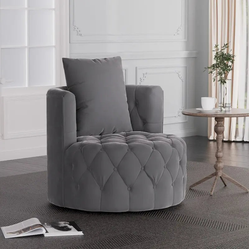 Velvet 360° Swivel Barrel Accent Armchair with Pillow – Grey / Beige, Classic Style, Seats 1