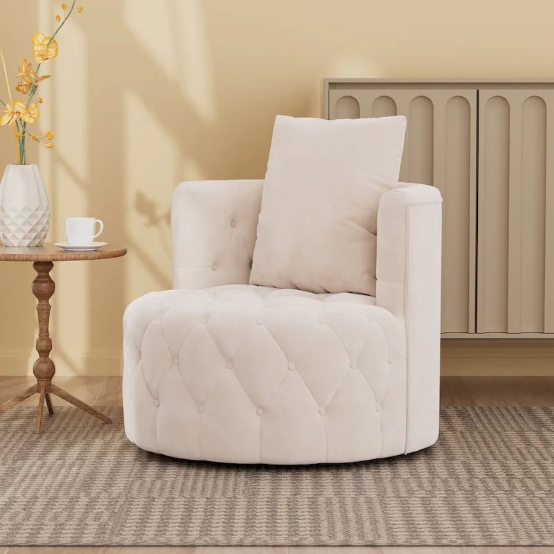 Velvet 360° Swivel Barrel Accent Armchair with Pillow – Grey / Beige, Classic Style, Seats 1