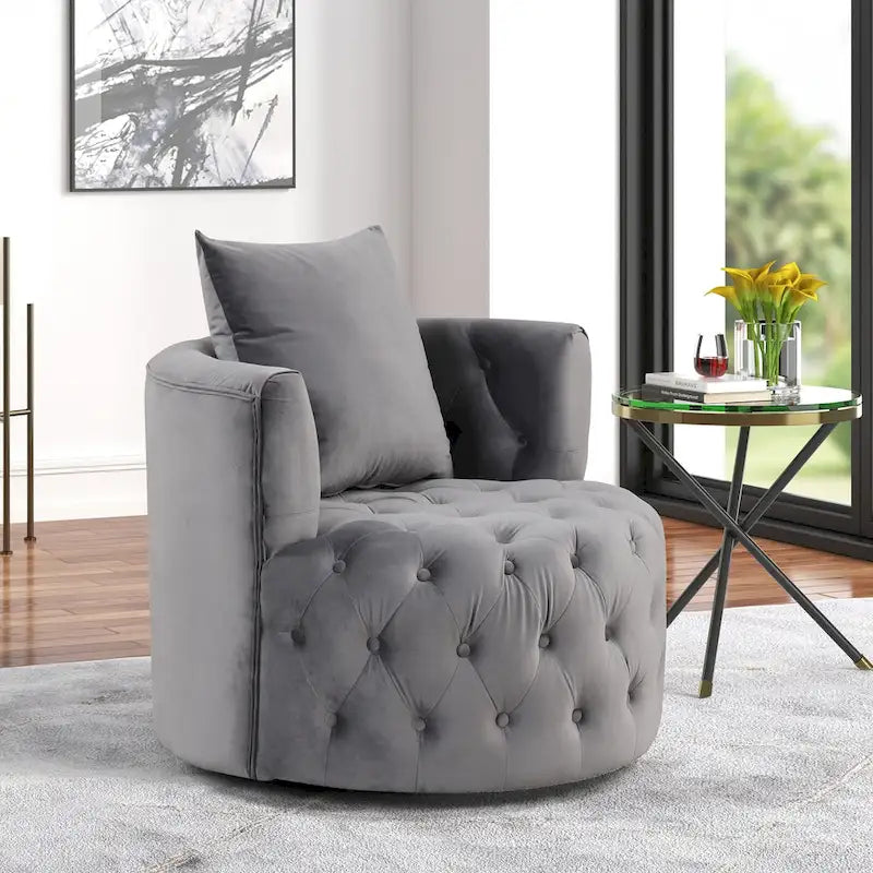 Velvet 360° Swivel Barrel Accent Armchair with Pillow – Grey / Beige, Classic Style, Seats 1